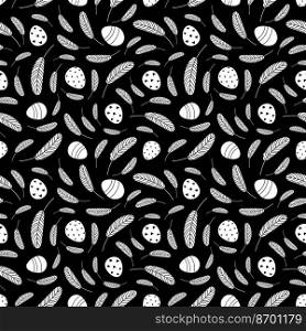 Easter eggs and feathers seamless pattern. Black and white Easter pattern in flat style.Design for textiles, packaging, wrappers. Vector illustration. Easter eggs pattern. Black and white pattern