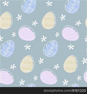 Easter eggs and flowers doodle seamless pattern. Pastel colored ornate cartoon outline eggs on soft green background.