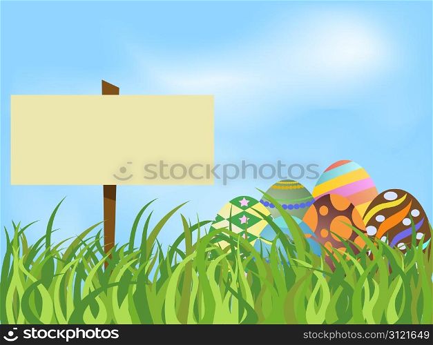 Easter Eggs and signboard on Grass