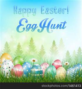Easter eggs Background with field of trees and colored eggs in the grass.Vector
