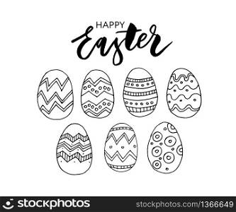 Easter eggs composition hand drawn black on white background. Decorative horizontal stripe from eggs with leaves and watercolor dots. Easter eggs composition hand drawn black on white background. Decorative horizontal stripe from eggs with leaves and watercolor dots.