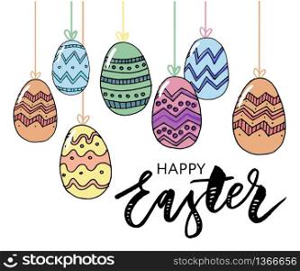 Easter eggs composition hand drawn black on white background. Decorative horizontal stripe from eggs with leaves and watercolor. Easter eggs composition hand drawn black on white background. Decorative horizontal stripe from eggs with leaves and watercolor dots.