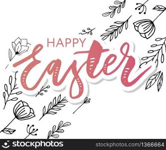 Easter eggs composition hand drawn black on white background. Decorative horizontal stripe from eggs with leaves and watercolor. Easter eggs composition hand drawn black on white background. Decorative horizontal stripe from eggs with leaves and watercolor dots.