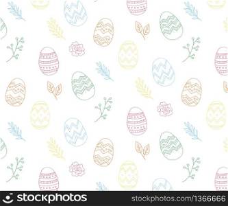 Easter eggs composition hand drawn black on white background. Decorative horizontal stripe from eggs with leaves and watercolor. Easter eggs composition hand drawn pattern Decorative horizontal stripe from eggs with leaves and watercolor dots.