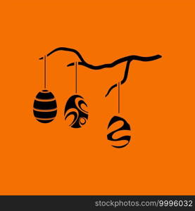 Easter Eggs Hanged On Tree Branch Icon. Black on Orange Background. Vector Illustration.