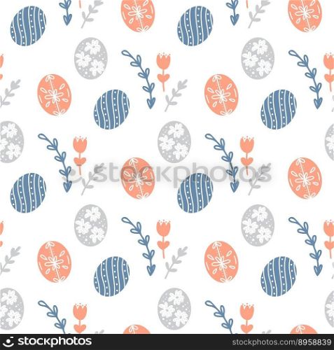 Easter eggs, herbs and flowers seamless pattern. Delicate spring holiday background. Easter sunday print for textiles, packaging, decor and design. Flat, vector illustration. Easter eggs, herbs and flowers seamless pattern
