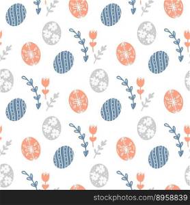 Easter eggs, herbs and flowers seamless pattern. Delicate spring holiday background. Easter sunday print for textiles, packaging, decor and design. Flat, vector illustration. Easter eggs, herbs and flowers seamless pattern