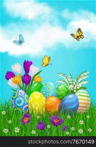 Easter eggs hunt on field with flowers and butterflies. Vector happy spring holidays card, decorated eggs hunting on lawn with cartoon blossoms on meadow with green grass blades under blue cloudy sky. Happy Easter eggs hunt on field with flowers.