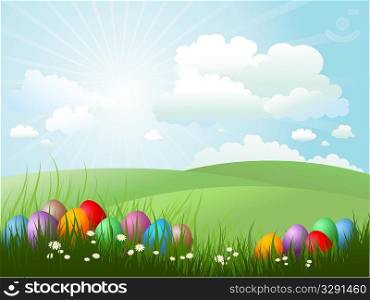 Easter eggs in grass on a sunny day