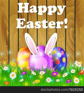 Easter eggs in grass on brown wooden background with flowers Happy Easter, Rabbit ears sticking out of the egg. Vector illustration. Easter eggs in grass