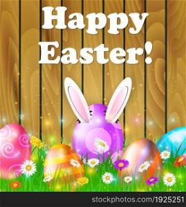 Easter eggs in grass on brown wooden background with flowers Happy Easter, Rabbit ears sticking out of the egg. Vector illustration. Easter eggs in grass