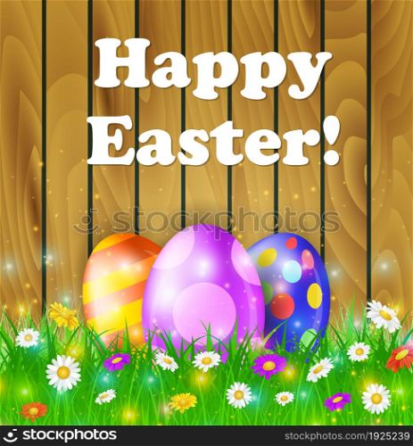 Easter eggs in grass on brown wooden background with flowers Happy Easter, Vector illustration. Easter eggs in grass