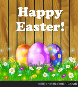 Easter eggs in grass on brown wooden background with flowers Happy Easter, Vector illustration. Easter eggs in grass