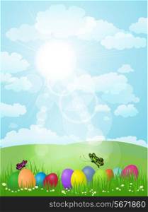 Easter eggs in grass with butterflies and a sunny landscape