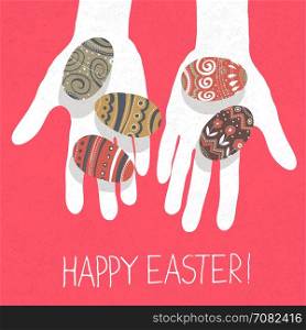 "Easter eggs in hands and "Happy Easter" greetings."