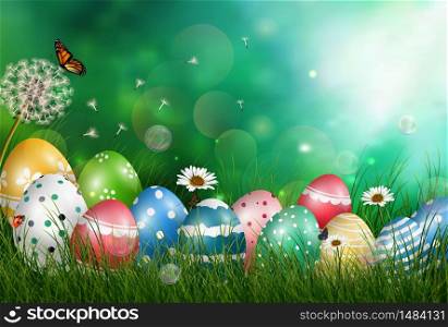 Easter eggs in meadow with sun rays on green background.Vector