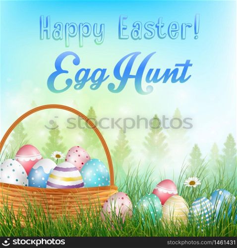 Easter eggs in the basket Background with field of trees and colored eggs in the grass.Vector
