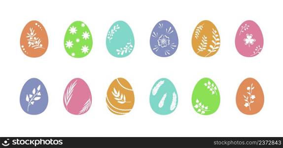 Easter eggs in various colors with different hand drawn floral designs. Collection of cute clean and simple vector elements for prints, ads. Easter eggs in muted colors with herbal and floral ornaments. Set of modern symbols, artistic flat vector objects