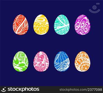 Easter eggs of various colors and with different ethnic boho patterns on dark background. Decorative clip art. Easter eggs with beautiful ornaments for prints. Colorful Easter eggs with hand drawn ornate white tangle pattern. Set of isolated vector design elements