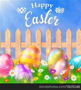 Easter eggs on a grass field with flower on wooden fence background. Vector illustration. Easter eggs on a grass field with flower