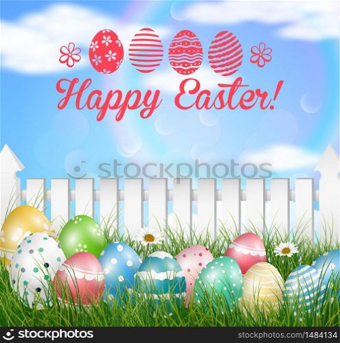 Easter eggs on a grass field with flower on wooden white fence background.Vector