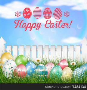 Easter eggs on a grass field with flower on wooden white fence background.Vector