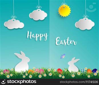 Easter eggs on green grass with white rabbit,little daisy,butterfly,cloud and sun on soft blue background,paper art and digital craft style,vector illustration