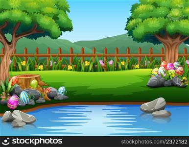 Easter eggs on the beautiful park with nature background
