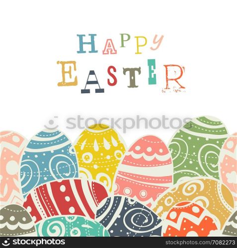 Easter eggs on white. Eggs border by down side seamless and repeat. Happy Easter greetings card template