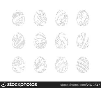 Easter eggs painted with uneven brush smears. Set of modern artistic egg shaped outline symbols with grungy strokes. Collection of abstract editable hand drawn vector images for prints, ads, coloring. Easter eggs in sketchy strokes. Hand drawn artistic symbols. Set of black and white vector images