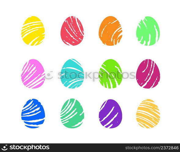 Easter eggs painted with uneven brush smears. Set of modern artistic egg shaped symbols. Collection of twelve abstract editable hand drawn vector images. Easter eggs painted with brush strokes. Hand drawn fashionable clip art. Collection of abstract editable vector images