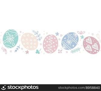 Easter eggs seamless border. Eggs, herbs and flowers decoration for cards and invitations. Festive Easter Sunday ornament. Flat, vector illustration. Easter eggs seamless border