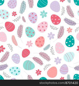 Easter eggs seamless pattern. Decorated Easter eggs on a white background. Design for textiles, packaging, wrappers, greeting cards, paper, printing. Vector illustration. Easter eggs seamless pattern.Decorated Easter eggs