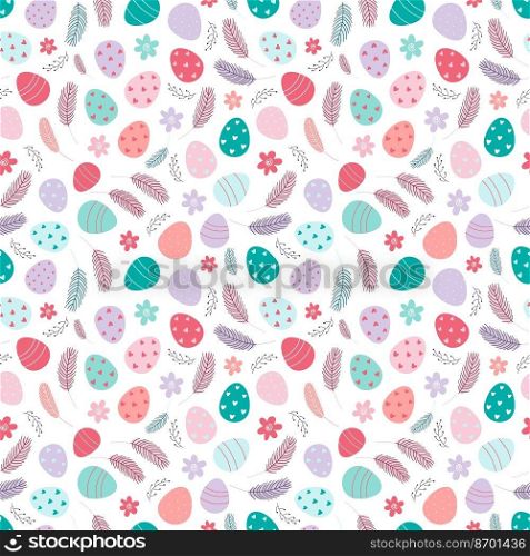 Easter eggs seamless pattern. Decorated Easter eggs on a white background. Design for textiles, packaging, wrappers, greeting cards, paper, printing. Vector illustration. Easter eggs seamless pattern. Easter pattern