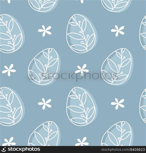 Easter eggs seamless pattern. White outline leaf ornament eggs and flowers on pastel blue background. Doodle style vector illustration.