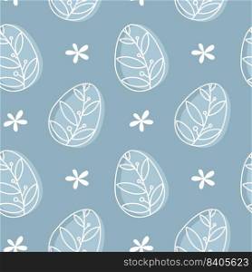 Easter eggs seamless pattern. White outline leaf ornament eggs and flowers on pastel blue background. Doodle style vector illustration.