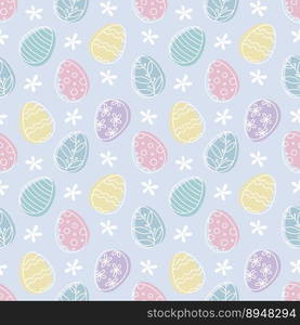 Easter eggs seamless pattern with colored eggs and white flowers on light purple background. Doodle style vector design illustration.