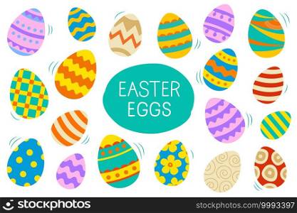 Easter eggs set doodle and color style. Happy easter colorful flat design isolated on white background.