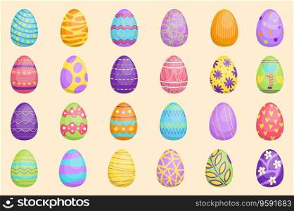 Easter eggs set graphic elements in flat design. Bundle of cute colorful eggs with different festive patterns in dots, festive geometric or floral ornaments. Vector illustration isolated objects