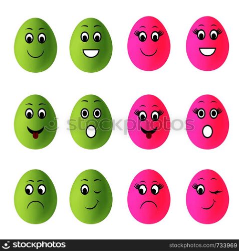 Easter eggs smiley. Egg with cartoon faces isolated on white background with clipping path