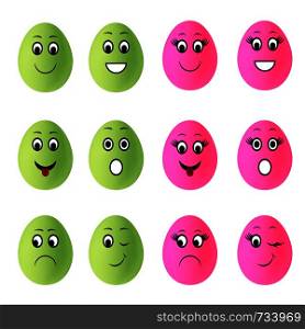 Easter eggs smiley. Egg with cartoon faces isolated on white background with clipping path