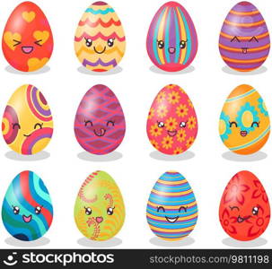 Easter eggs stickers kawaii icon vector design. Adorable decorated holiday eggs with positive emotions, japanese culture symbol anime. Sweet smiling faces, facial expressions in cute oriental style. Decorated easter eggs with positive emotions, smiling faces japanese kawaii culture symbol anime