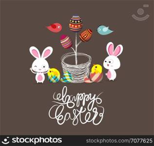easter eggs tree bunny and birds
