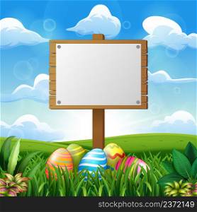 Easter eggs with blank wooden board
