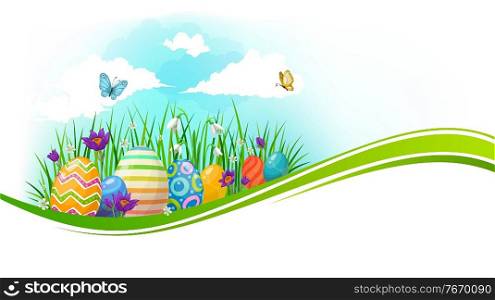 Easter eggs with green wave of grass and spring flowers vector banner. Easter religious holiday painted eggs, grass blades, blooming crocuses, lily of the valley and flying butterflies. Easter eggs with green grass and flower wave