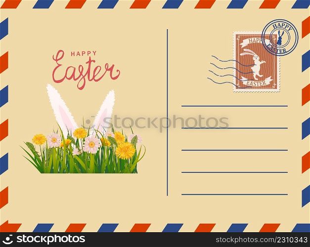 Easter envelope paper mail with a Easter Bunny ears, st&, vintage. Vector illustration retro style graphic. Easter envelope paper mail with a Easter Bunny ears, st&, vintage. Vector illustration