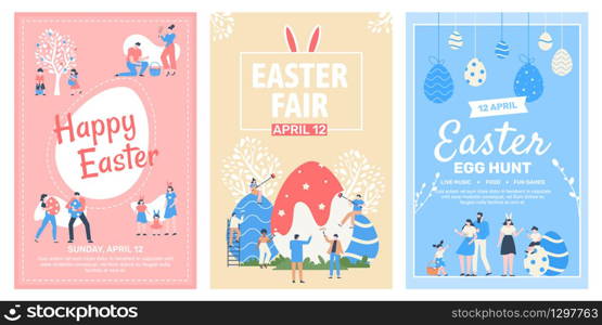 Easter event fair flyer. Happy easter celebrating event posters, spring holiday fair, family spring egg festival isolated vector illustration set. Easter fair poster, celebration event promotion. Easter event fair flyer. Happy easter celebrating event posters, spring holiday fair, family spring egg festival isolated vector illustration set