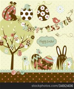 Easter Extravaganza. Big Easter set with cute chocolate rabbit, colourful eggs, chicks, Easter tree and a Clothesline with letters on it. Ideal for scrapbooking