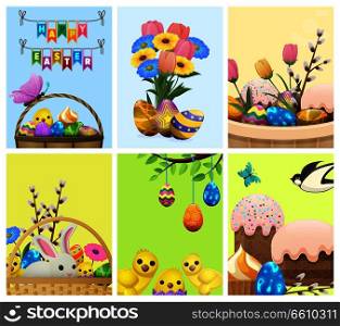 Easter festive cartoon concepts set. Bright vector compositions witt spring flowers, painted eggs, sweets and pastry, bunny and birds. Easter symbols illustration for holiday invitation, greeting card. Easter Festive Cartoon Vector Concepts Collection