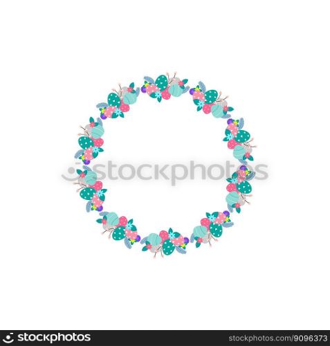 Easter flower wreath . Festive Easter frame with decorated eggs and flowers and symbols of bright Easter. Easter flower wreath . Easter frame with decorated eggs and flowers and symbols of bright Easter